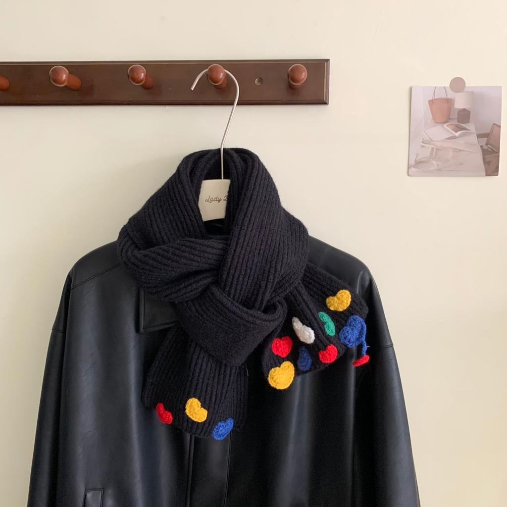 Candy Color Hand Knitted Scarf Women's Sweet Heart Embroidery Scarf Fashion Korean Student Warm Muffler Winter Versatile Shawl