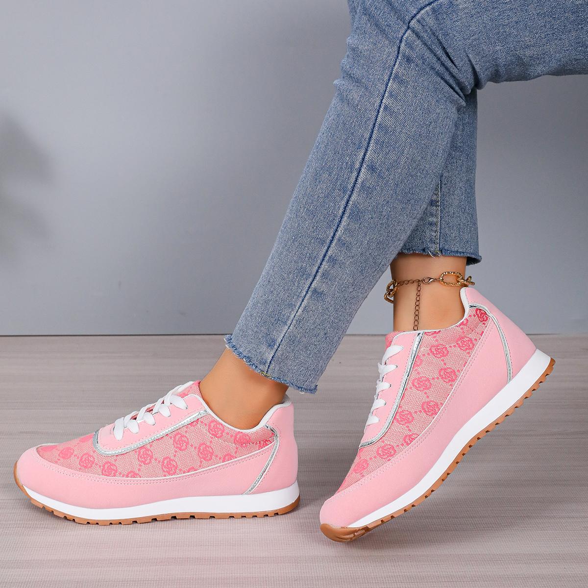 

Fashion Fashion Printed Splicing Lace Up Sneakers Women 2025 Autumn Round Toe Wedge Heel Shoes Soft Sole Non Slip Running Sneakers 42 розовый