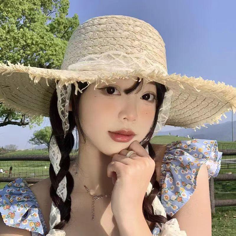 Lace Lace-up Woven Straw Hat Women's Summer Outing Big Brim Five-strand Sun Hat Seaside UV Protection Sand