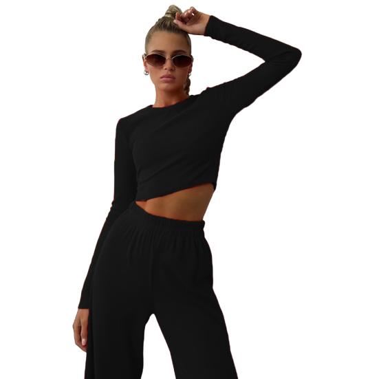 Women 2 Piece Lounge Set Long Sleeve Cropped Pullover Top Wide Leg Pants Set Fall Crewneck Tracksuit Casual Outfits