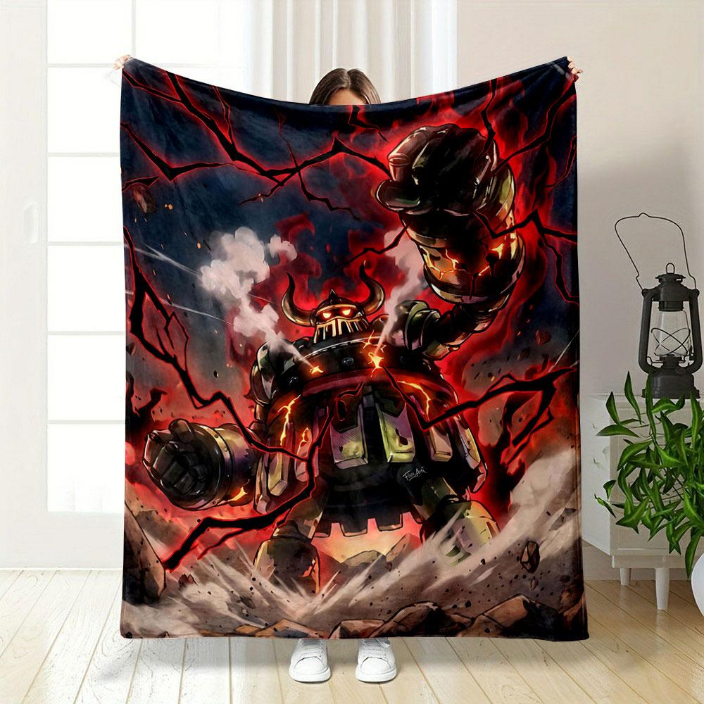 A fiery robotic figure surrounded by glowing cracks and red energy. for all seasons blanket lunch break throw gift