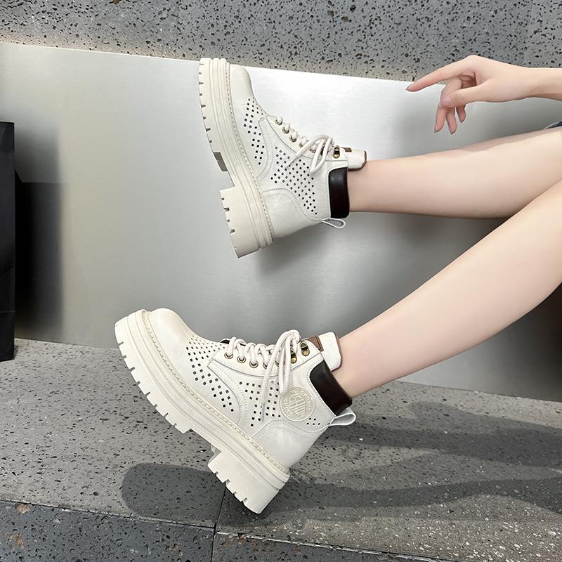 Summer Hollow Breathable Cool Boots Women's Genuine Leather Perforated Martin Boots with Increased Height Inside Casual Short Boots