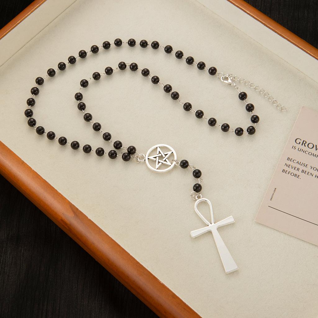 Vintage Cross Pendant, Black Bead Necklace, Sweet And Cool Style High-End Neck Chain, Niche Personality Long Fashion Item.