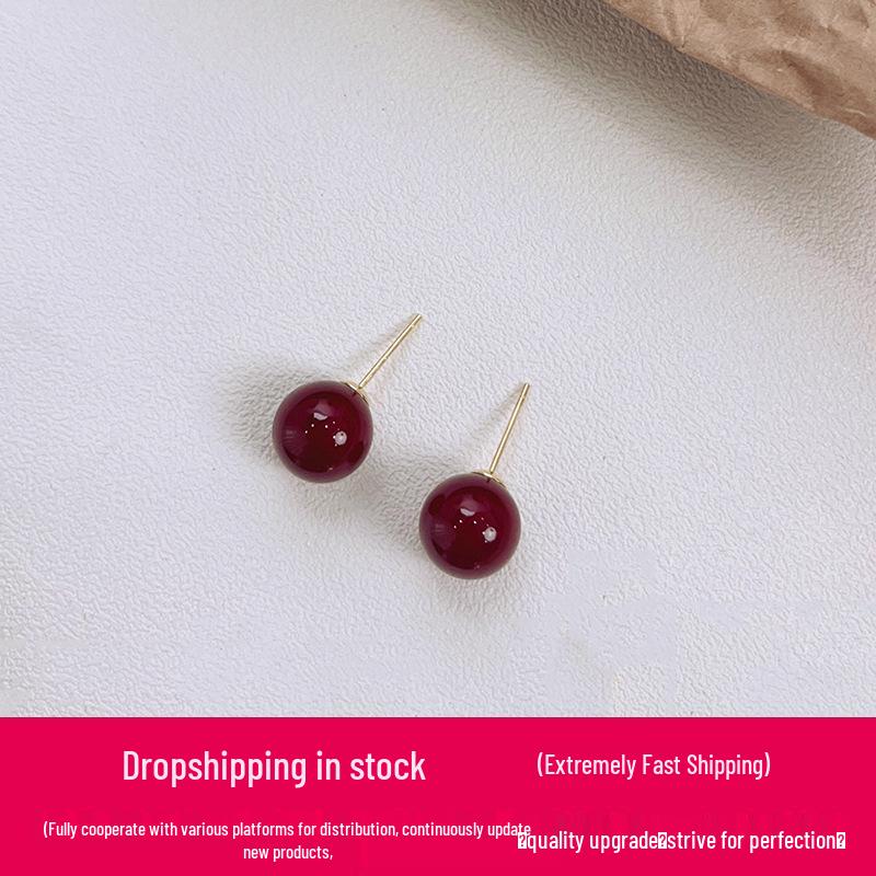 999 Sterling Silver Red Agate Stud Earrings: 2024 Trendy, High-End, Round Design