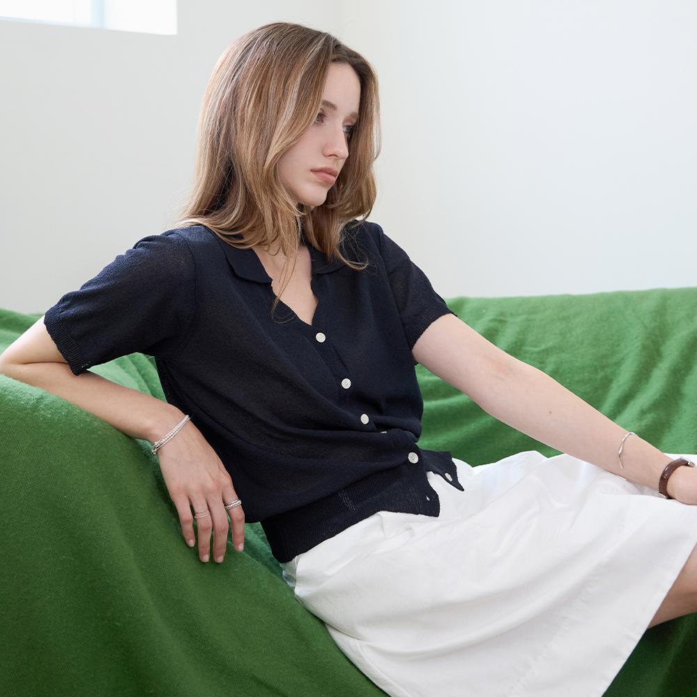 KELLY DONAHUE Breeze Boucle Open Collar Knit Navy
