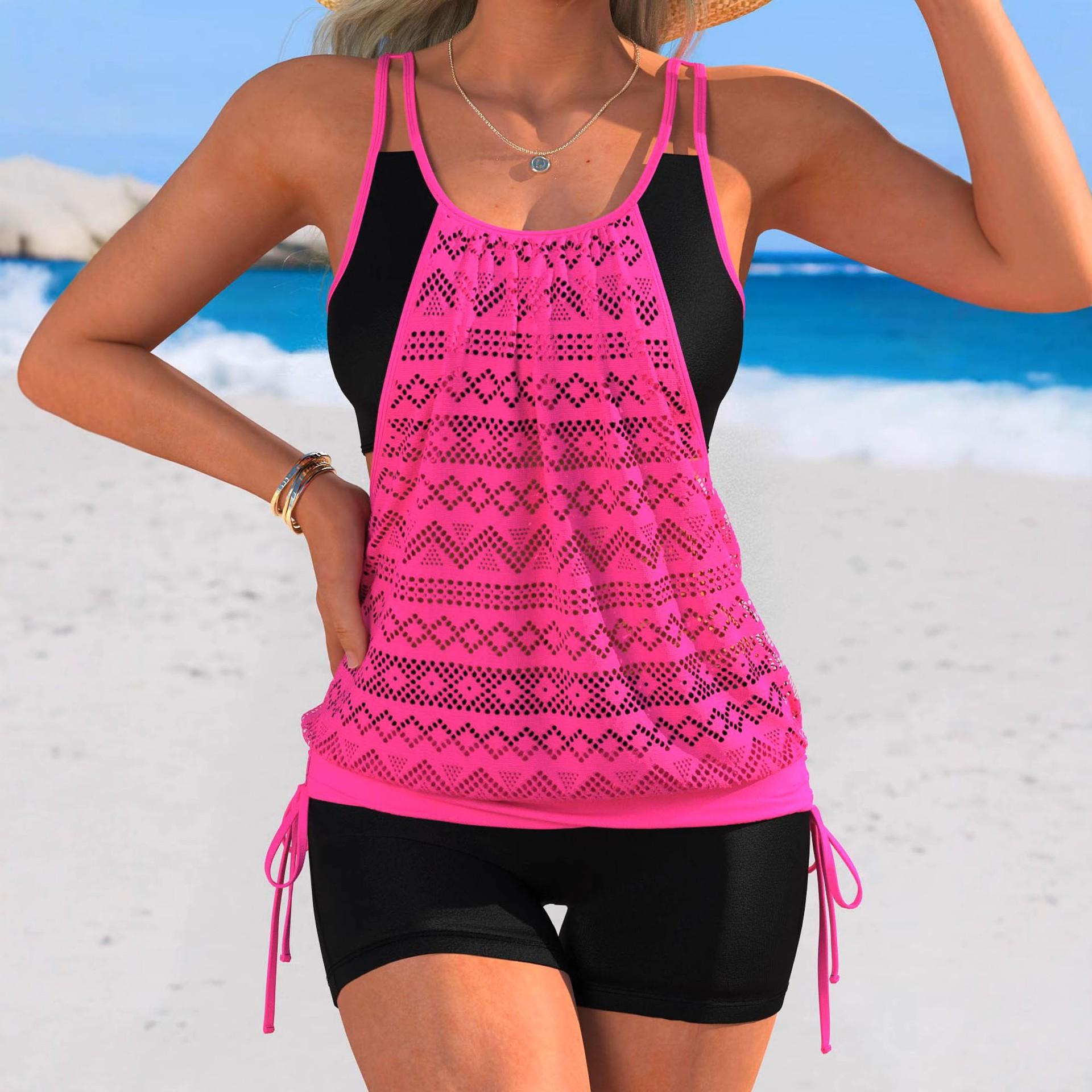 New large size hollow conservative split boxers bikini swimsuit tankini sexy beach swimsuit women S