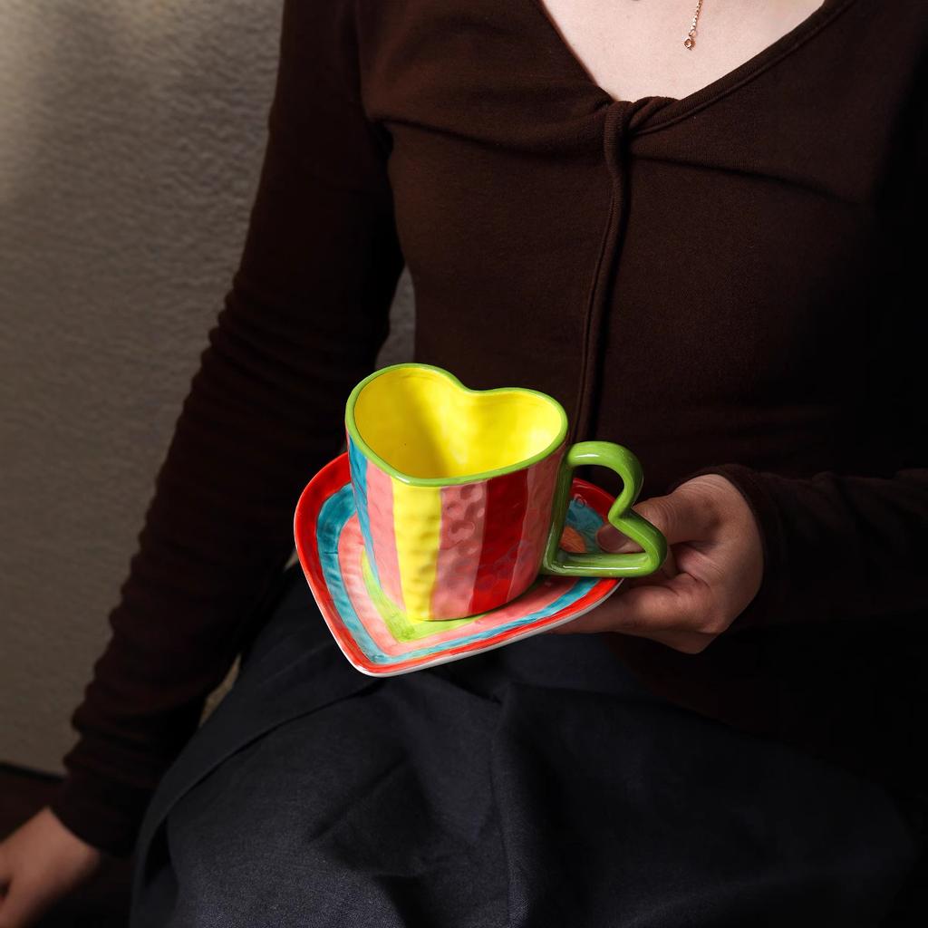 Creative Ceramic Mugs Striped Rainbow Couple Ceramic Heart-shaped Cups Coffee Cup Afternoon Tea Accessories Drinking Utensils