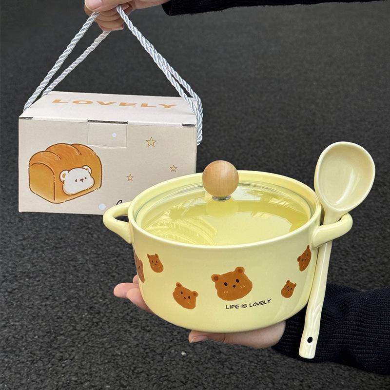 Ins Cream Wind Bear Ceramic Instant Noodle Bowl Student Dormitory Instant Noodle Bowl for Girls Birthday Gift