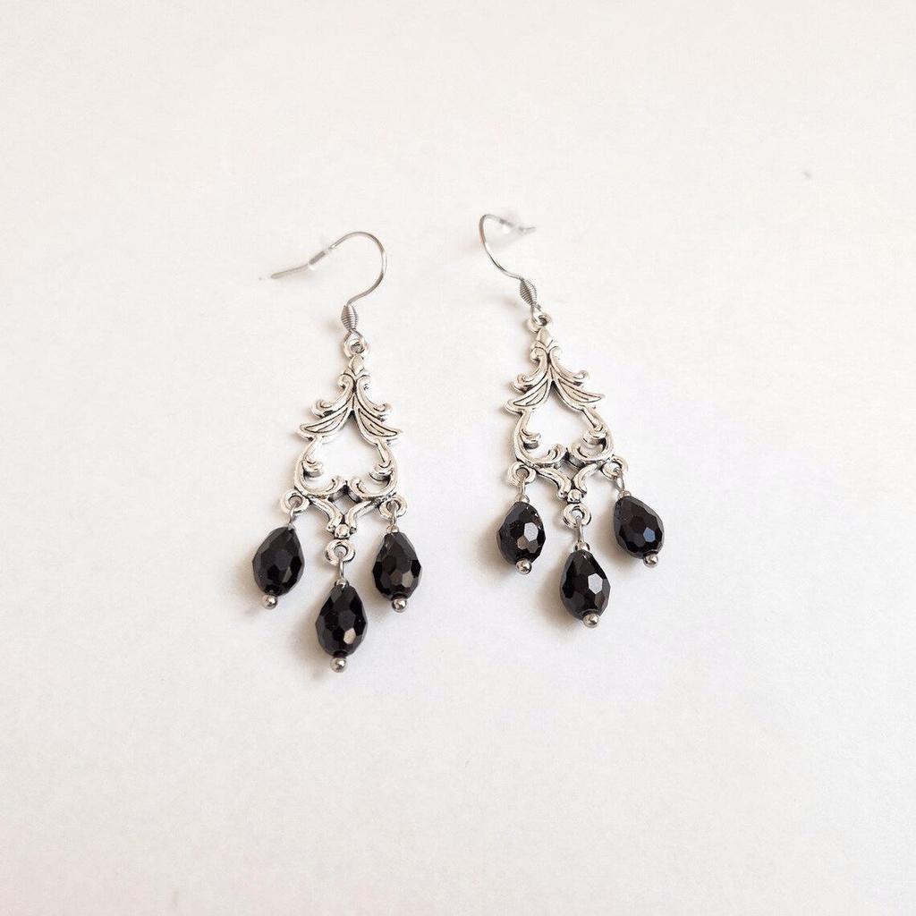 Black Crystal Teardrop Tassel Earrings - Retro Victorian Gothic Baroque Style