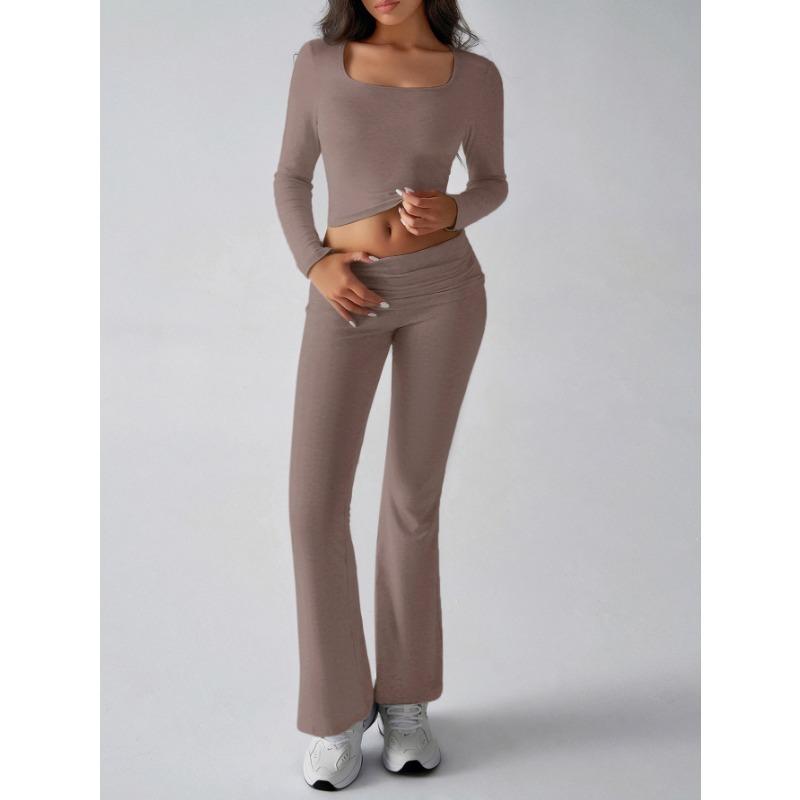 Autumn Women's Solid Colour Casual Knit Long Sleeve Top Yoga Wear Pants Suit