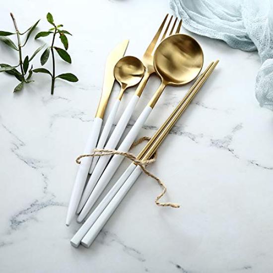 Minky Besteck Besteckset Gold Stilvolles Geschirr Edelstahl Dinner Besteckset Messer Löffel Gabel Set Steakmesser Tafelmesser Dessertlöffel Pasta