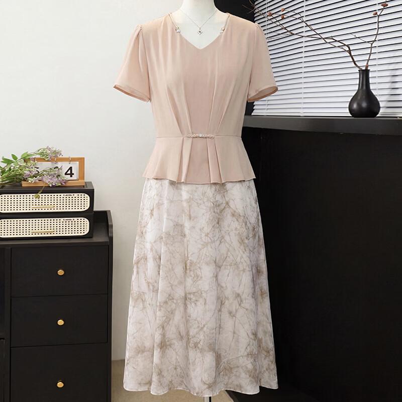 Xuexi Floral Chiffon Midi Dress for Middle-Aged Women