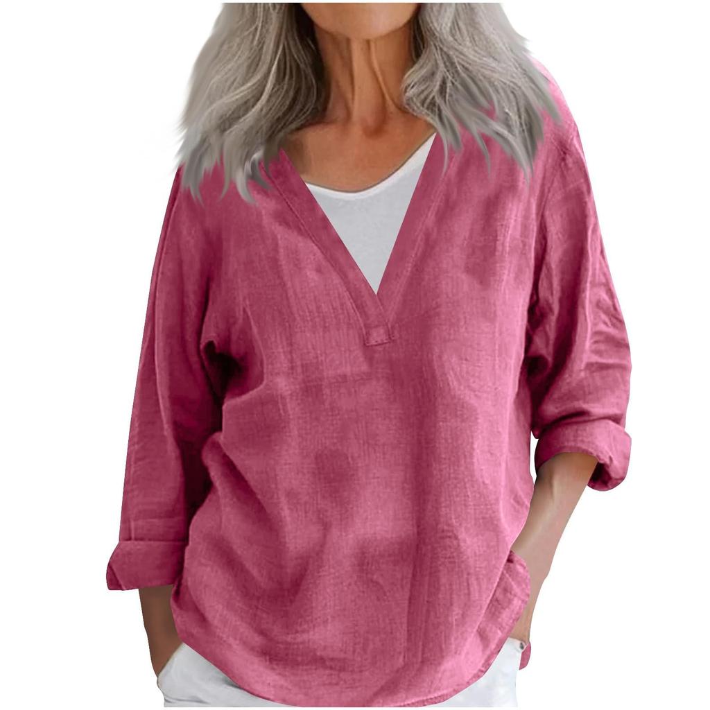 Women's Fashion Casual Cotton Linen V-Neck Long Sleeve Pullover Top