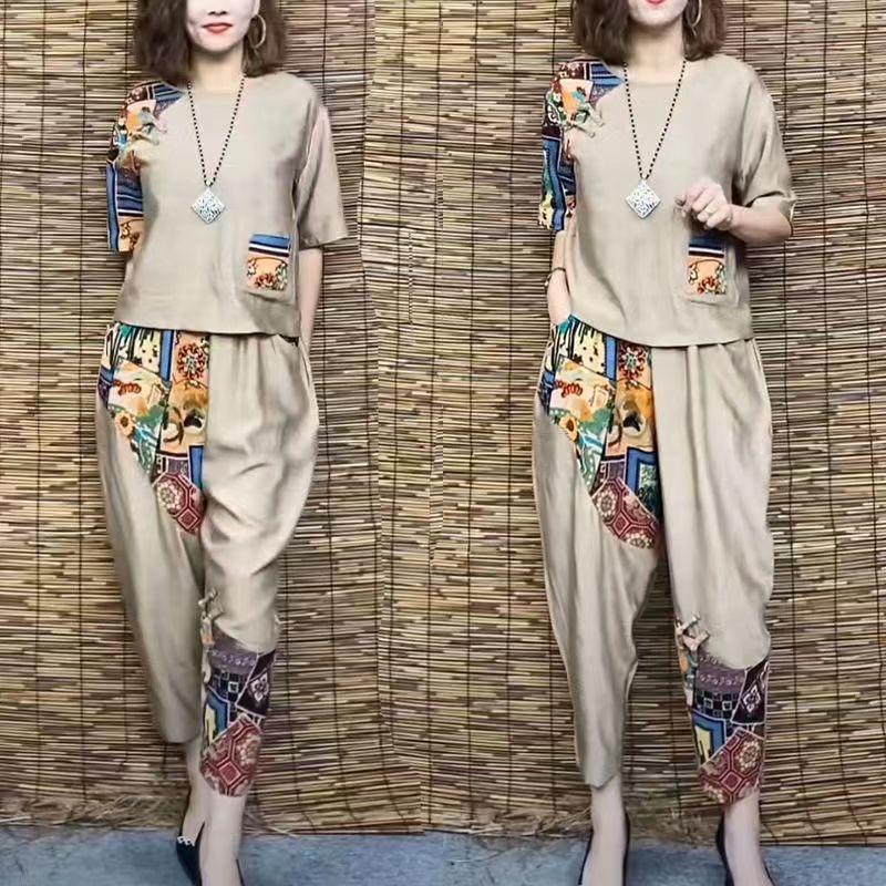 French Retro Chic Color Block Cotton-Linen Two-Piece Set: Short Sleeve T-shirt & Harem Cropped Pants XXL