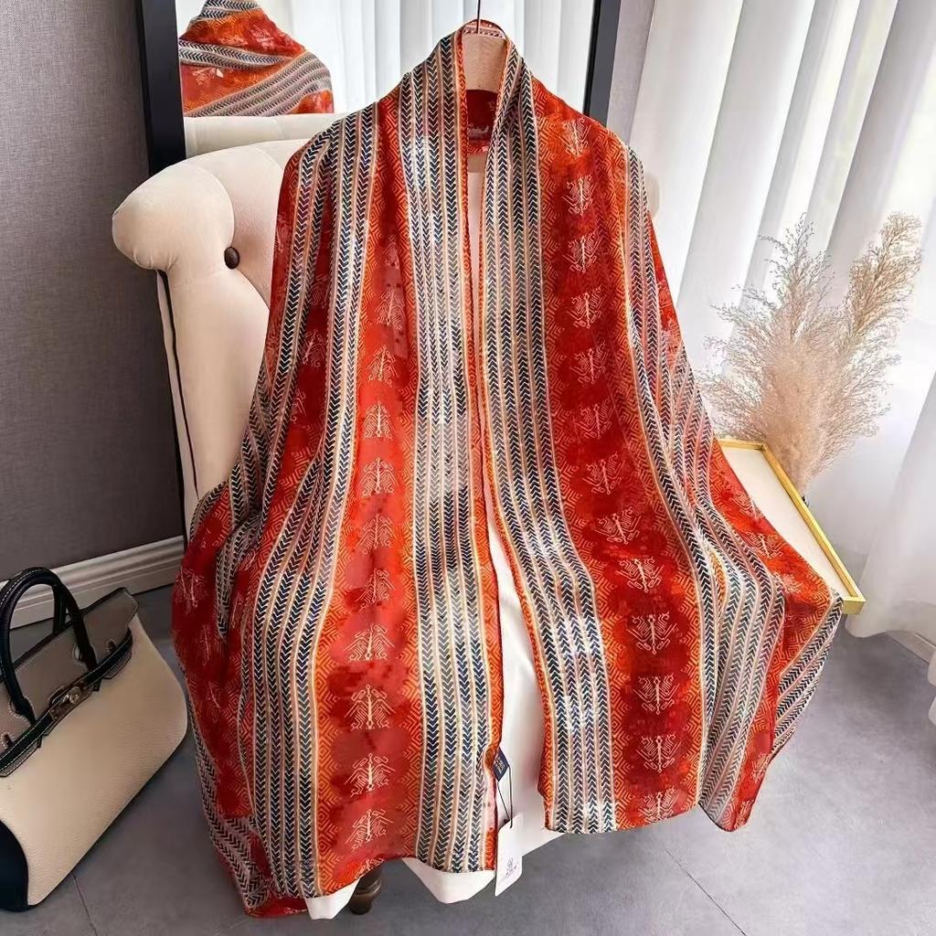 180 * 90 High-End Single-Sided Cut Dill Long Shawl Retro Chinese Style Ancient Charm Elegant Silk Scarf Dunhuang