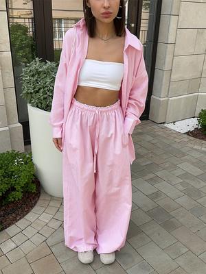 Striped Shirt Pants Set Spring New Women Vertical Stripe Shirt Tie Waist Pants Two Piece Outfit