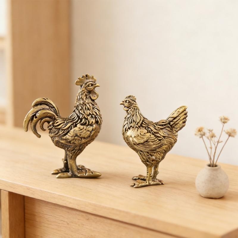 2Pcs Elegant Bronze Rooster And Hen Figurines Home Decoration Bronze Sculpture For Living Room Office Desk Display