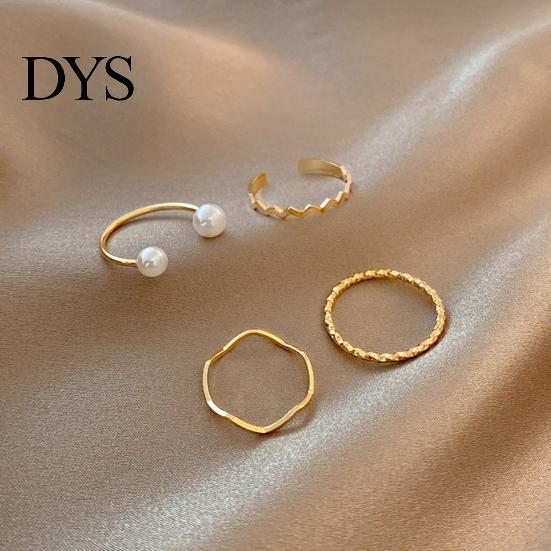 Lightweight Copper Ring 4 Pcs/Set Women Set Different Shape Irregular Faux Pearl Polished Smooth Open Adjustable Stainless Solid Color Punk
