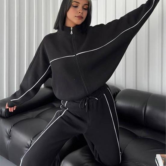 Women Winter 2 Piece Suit Half High Collar Zip Up Long Sleeve Top Elastic Waist Wide Leg Pocket Trousers