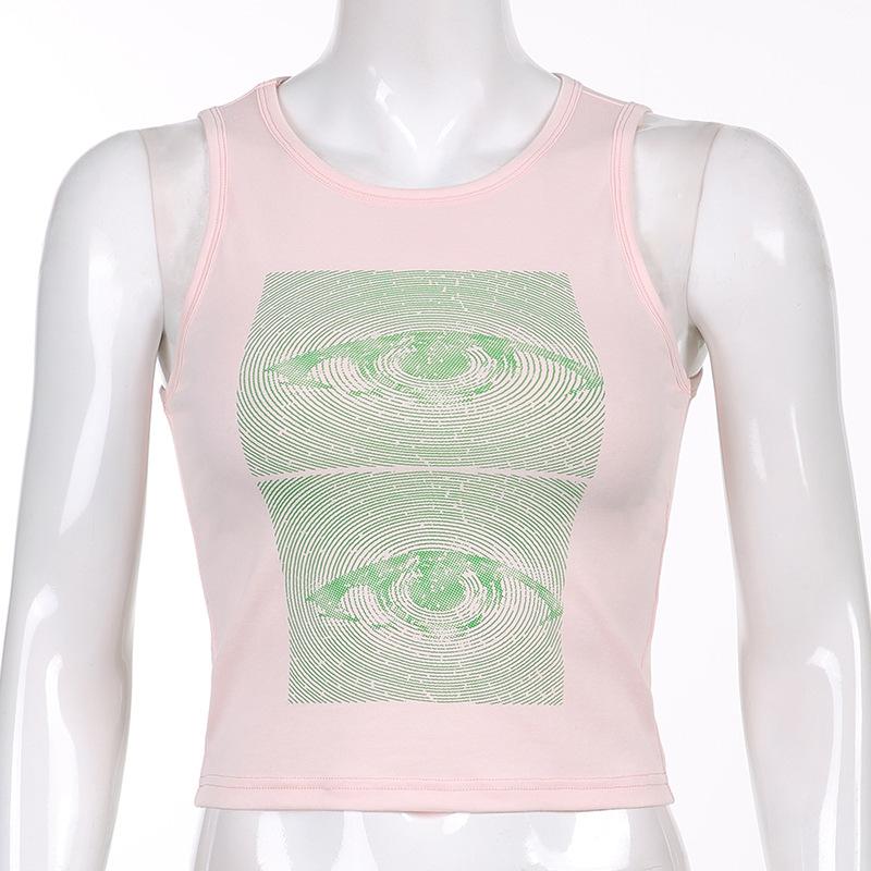 Potištěné oči tílka Harajuku korzetové topy Vintage móda Streetwear Bez rukávů Crop Top Ženy Ležérní svetry Grunge