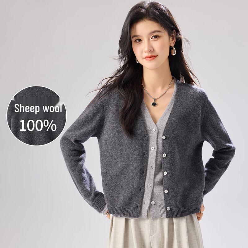 Women's 100% Merino Wool V-Neck Faux Two-Piece Cardigan