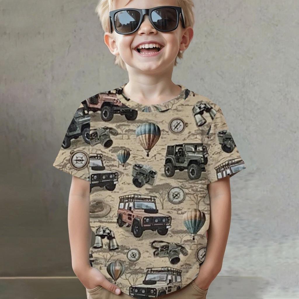 Summer Round Neck Vehicle Themed 3D Printed Top Fashionable Casual Short Sleeved Children's Boy T-shirts