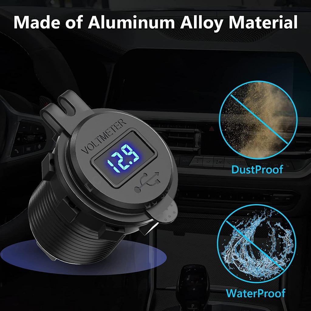 Aluminum Quick Charge Dual QC3.0 USB Car Charger Socket with Digital Voltmeter With Switch Button for Marine Motorcycle Truck