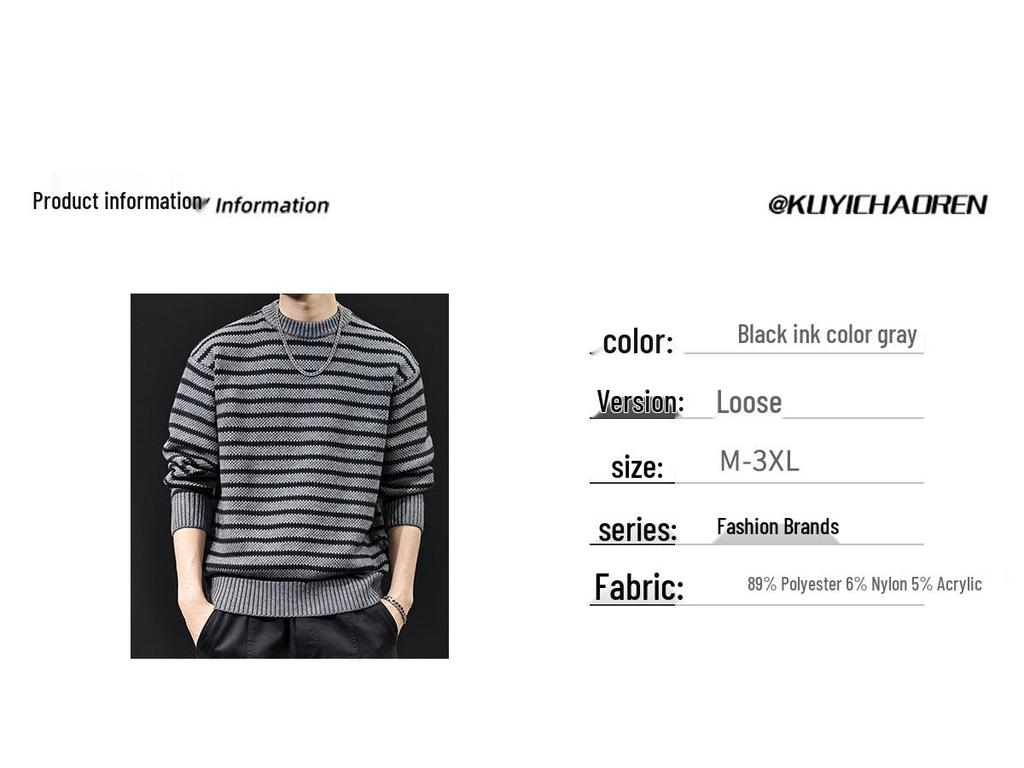 2025 Men's American-Style Striped Knit Sweater: Round Neck, Thick, Plus Size, Warm Autumn/Winter Layer
