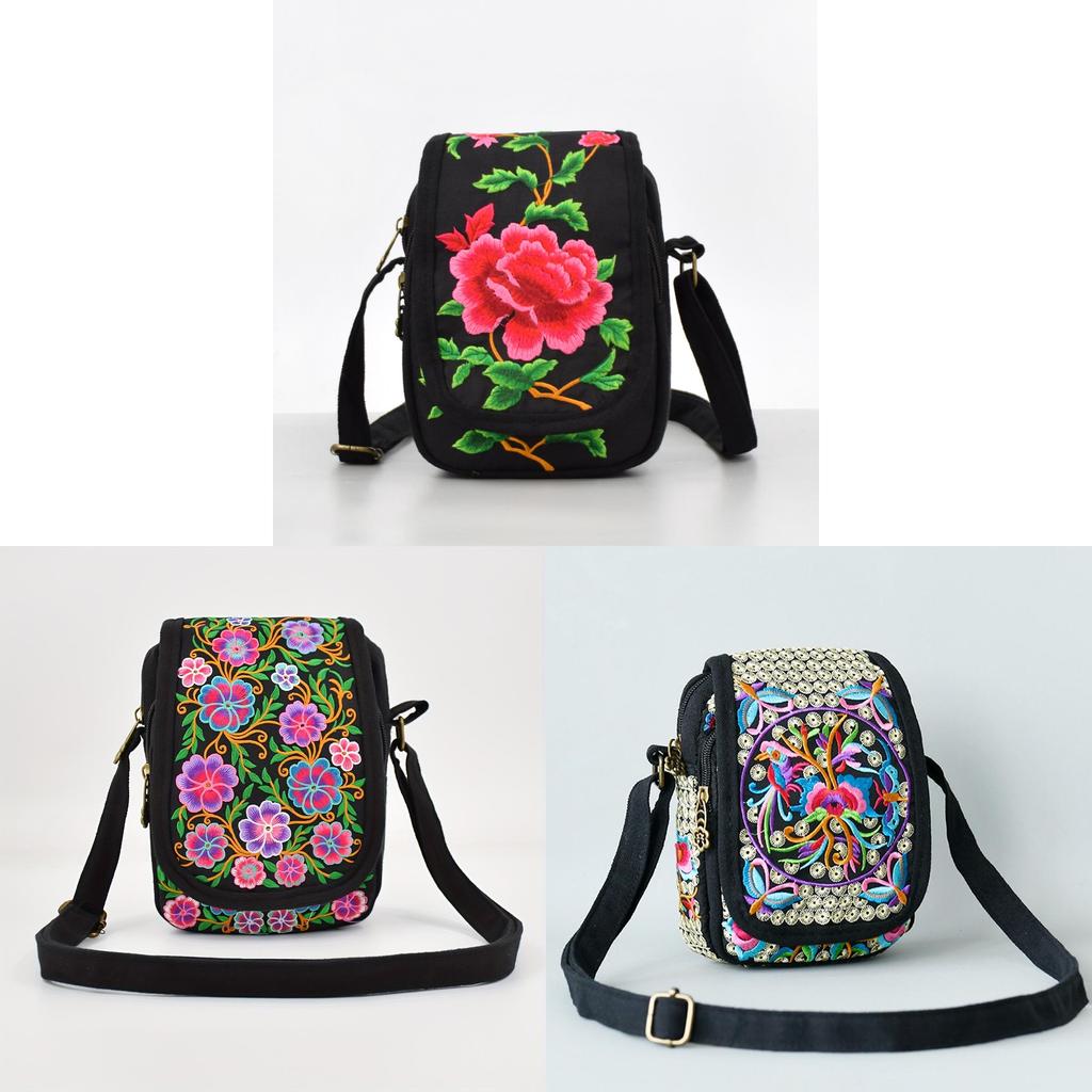 Vintage Chinese Style Embroidered Canvas Crossbody Bag With Multiple Pockets For Daily Use