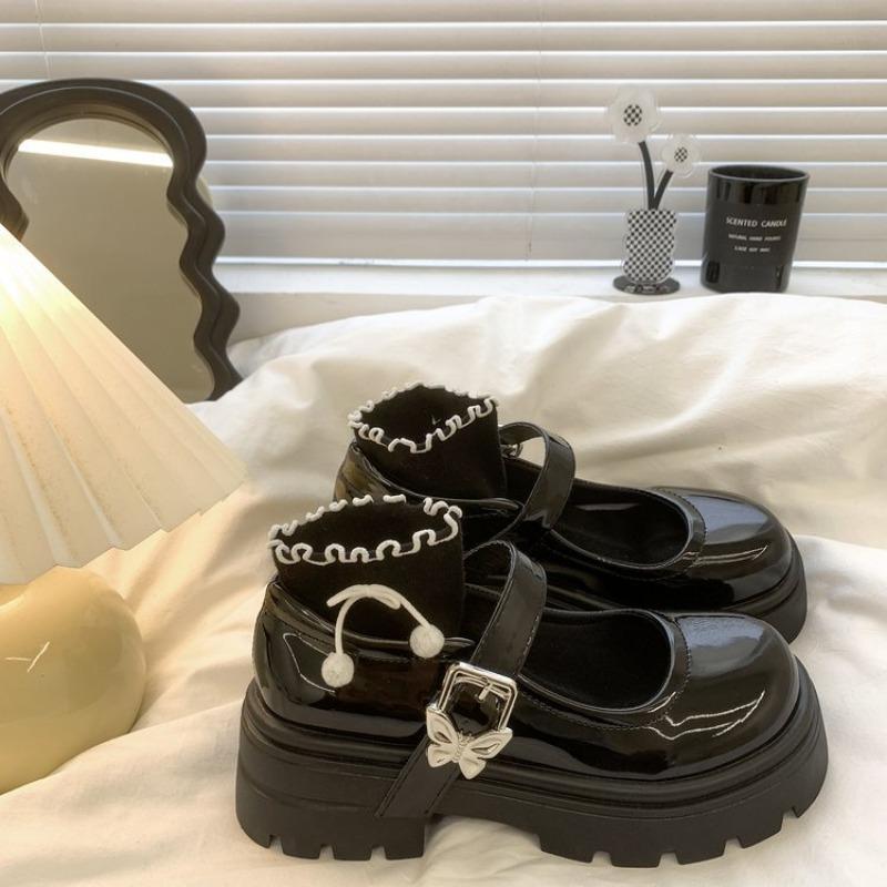 Round head thick sole small leather shoes women's spring new butterfly buckle single shoes student skirt