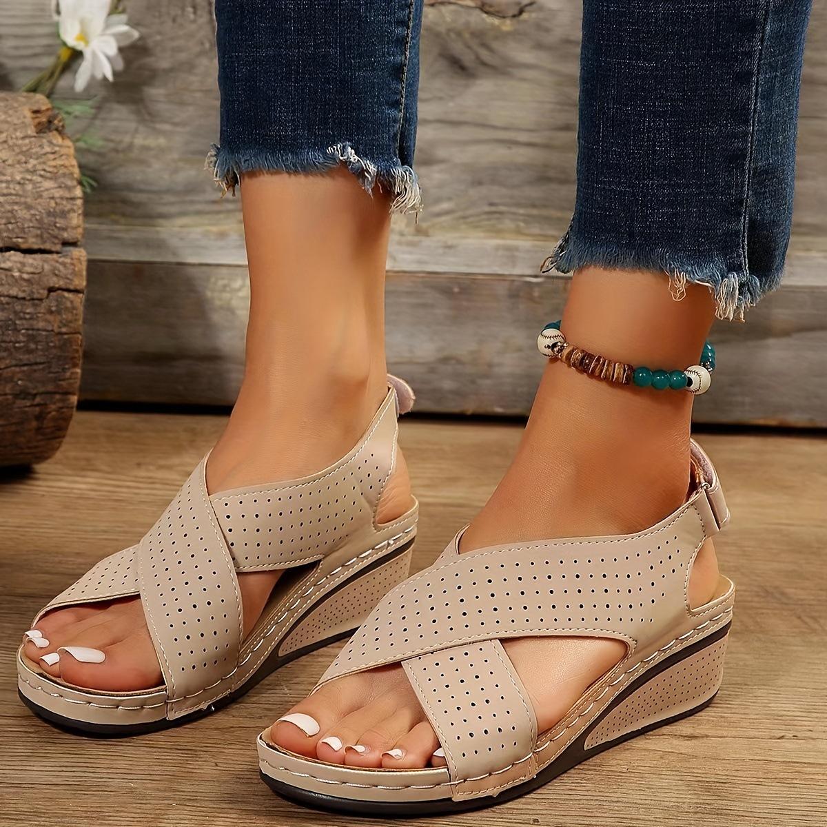 

Hollow cross with platform sandals women s Velcro solid color lightweight wedge heel beach 36