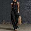 Women Solid Color Halter Neck Suit Casual Wide Leg Pants Drawstring Waist Vacation Outfit