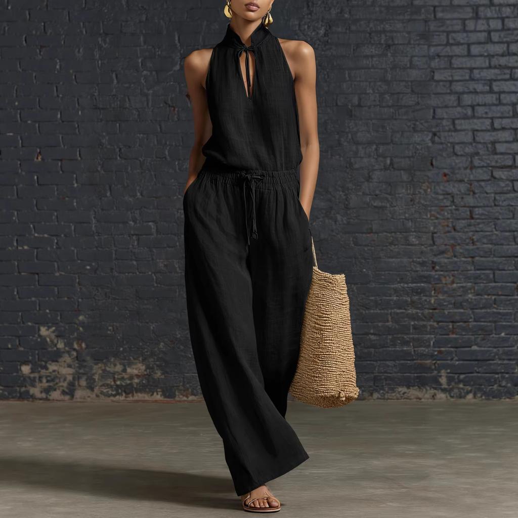 Women Solid Color Halter Neck Suit Casual Wide Leg Pants Drawstring Waist Vacation Outfit