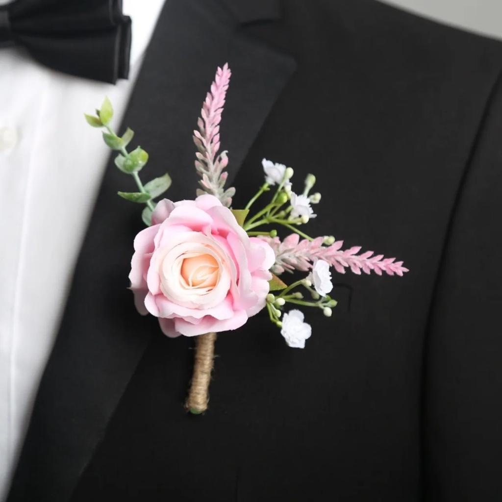 6pcs Rustic Artificial Rose Boutonniere Corsage Set Dusty Rose White Wristband Prom Suit Flowers for Wedding Ceremony