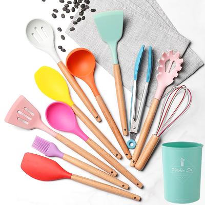 12Pcs Silicone Kitchenware Cooking Tool Set Non-stick Utensils Set Spatula Shovel Wooden Handle Utensilis Kitchen Accessories