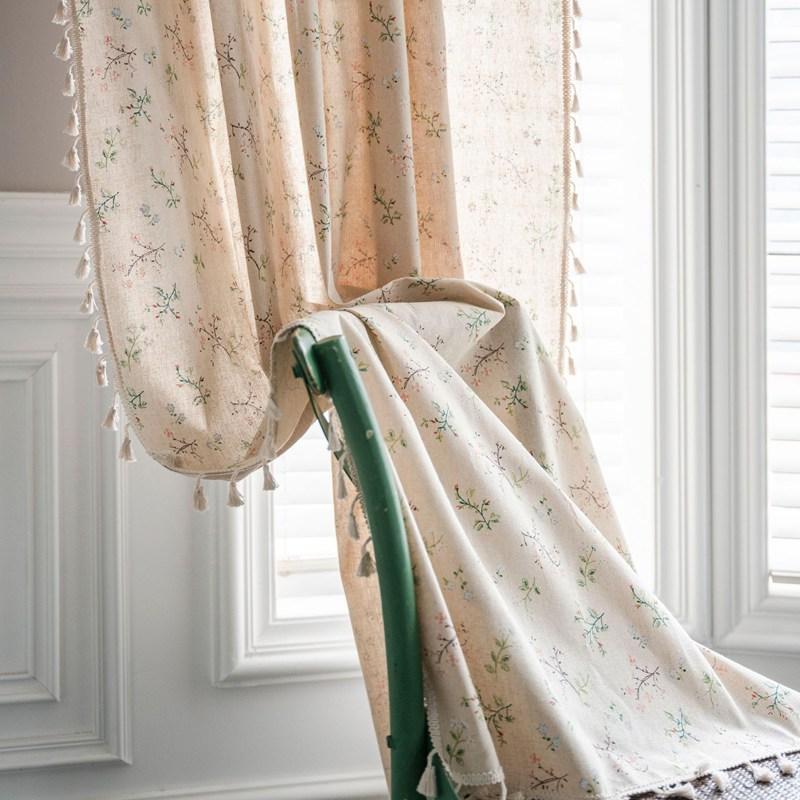 

American Style Cotton Linen Printed Beige Floral Tassel Window Curtain Semi-shading Drapes Living Room Bedroom Kitchen Drapes W150 x H60cm&Threading Rod