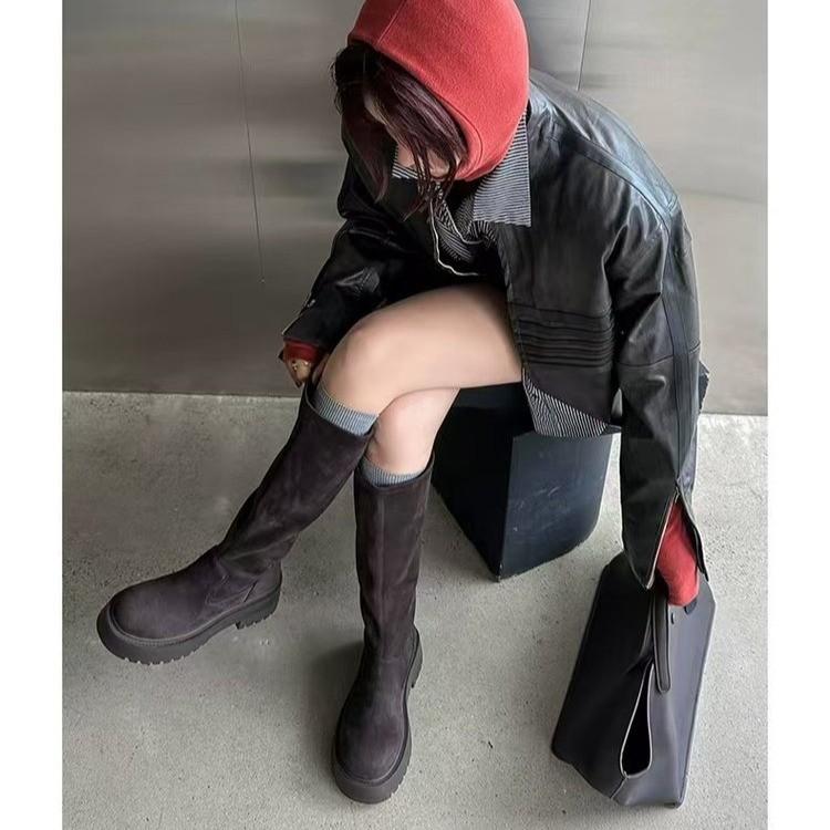 Retro tall tube looks thin autumn and winter new boots women's 2025 new models but knee thick-soled thick heel heightening long tube fashion boots