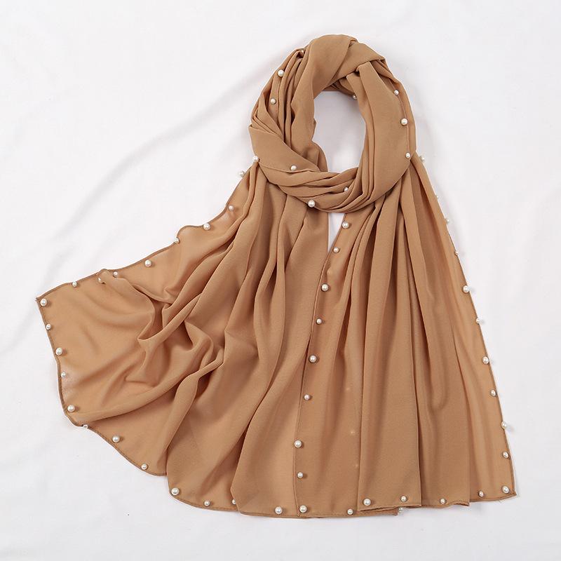 Hot-selling popular chiffon long towel plus small pearl women's gold and silver pearl headscarf