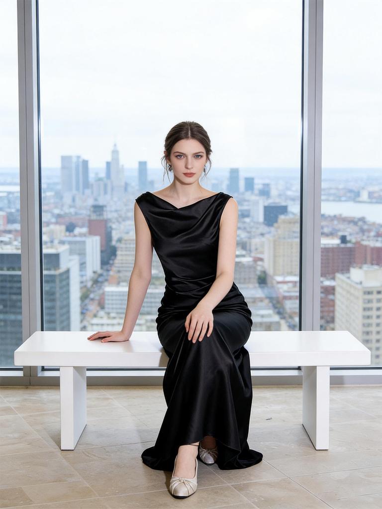 Haute Couture French Satin Draped Neck Resort Wedding Evening Gown for Women
