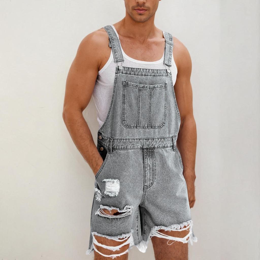 Men's Fashion Solid V-Neck Button Pocket Wash Water Denim Adjustable Short Strap Jumpsuit
