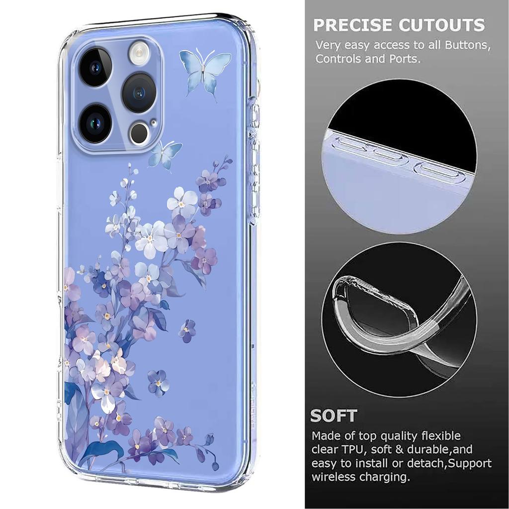 For iPhone 15 Pro Max Case Butterfly Floral Pattern Printing TPU Phone Back Cover