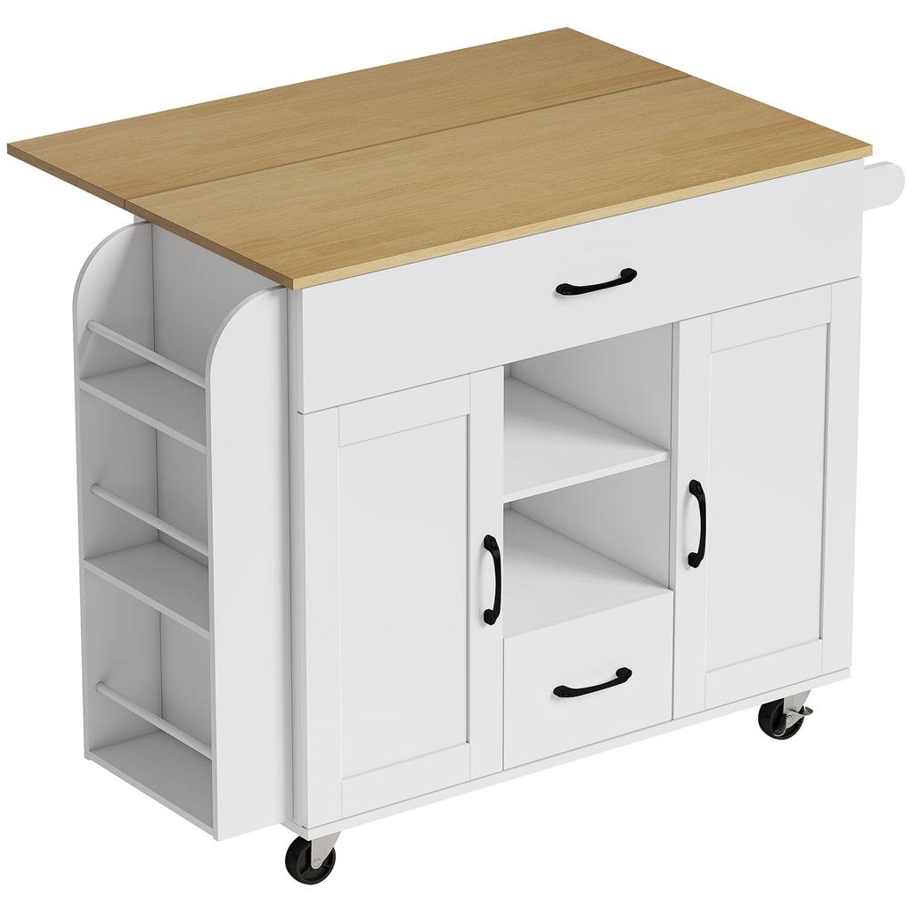 Rolling Kitchen Island, Fold-Out Worktop, Soft-Close Cabinet Doors, Drawers, Towel Holder, MDF, White