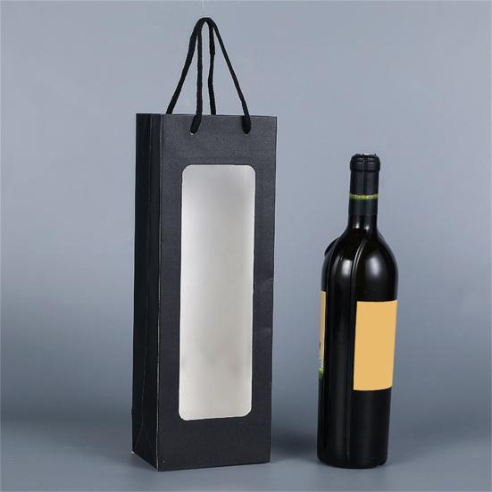 Kraft Paper Bag Decorative Oblong Shape Detachable Carry Cord Portable Pack Red Wine Contrast Color Translucent Visible Gift Bag for Champagne