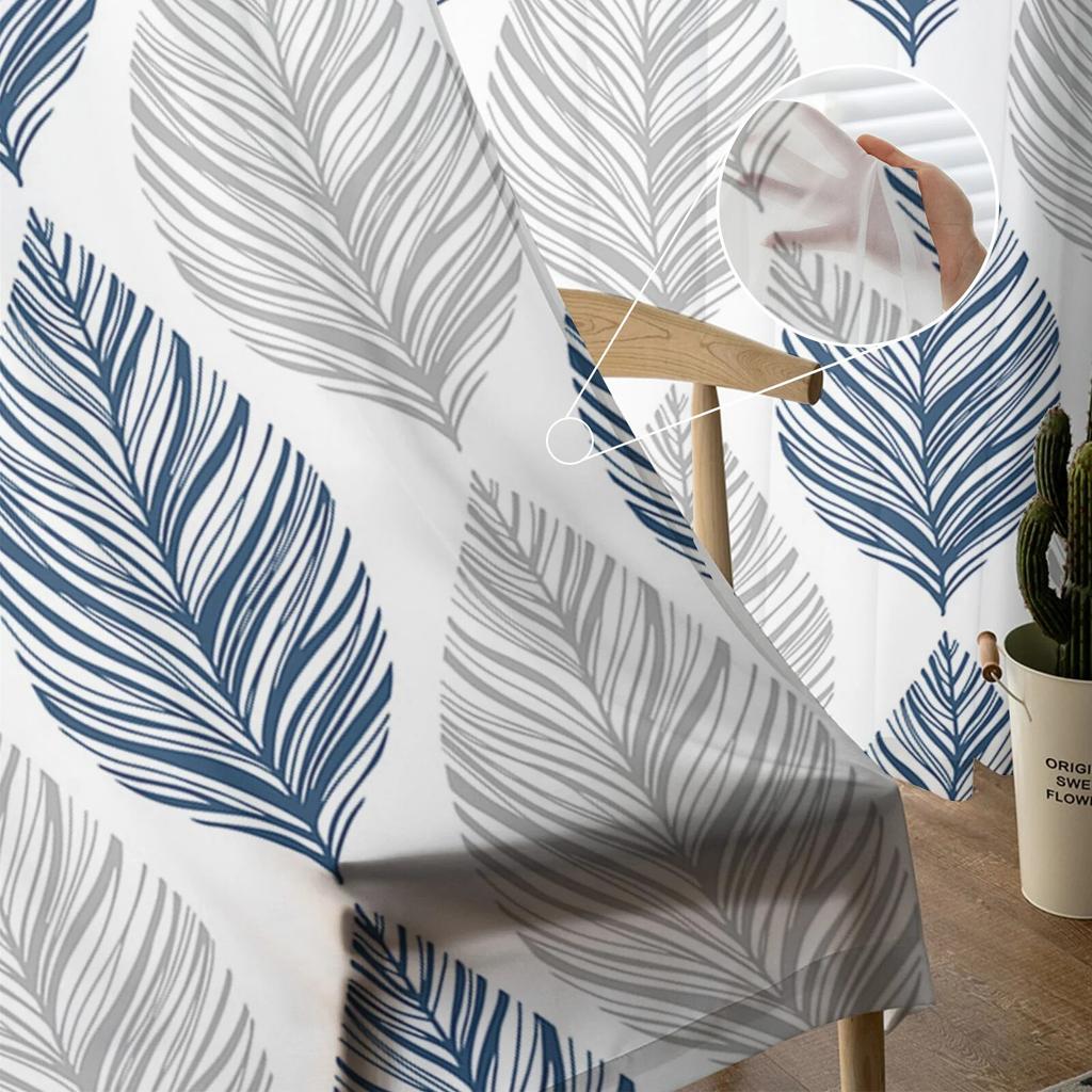 Marineblau-graue Blattstruktur-Tüllvorhänge für Wohnzimmer, Chiffon-Voile, transparenter Fenstervorhang für Schlafzimmer