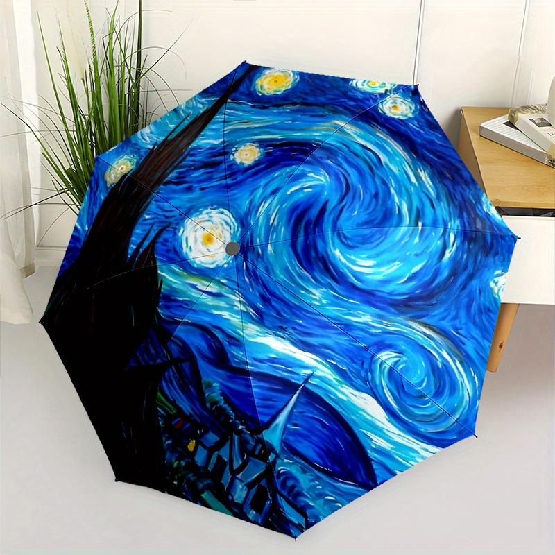 Starry Night Van Gogh-Inspired Automatic Folding Umbrella - Windproof & -Protective, 8-Rib Design, Portable for Commuting & Ou