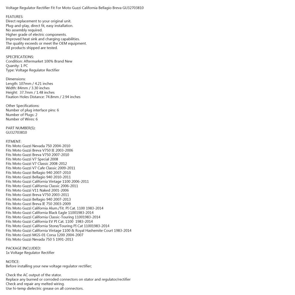 Regulator Rectifier for Moto Guzzi V7 V11 Nevada Breva California Bellagio 83-14