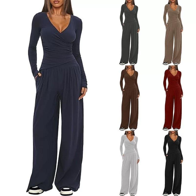 Women Casual Solid Loose Wide Leg Pants And Top Two Piece Set
