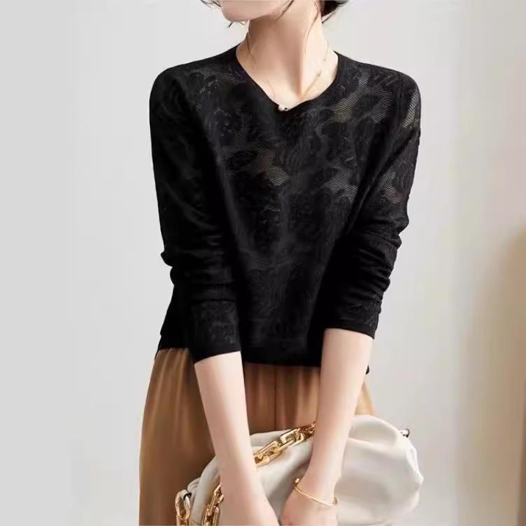 Women's Knitted Sweater Thin Sweater Temperament Commuting Style Round Neck Embossed Long Sleeve