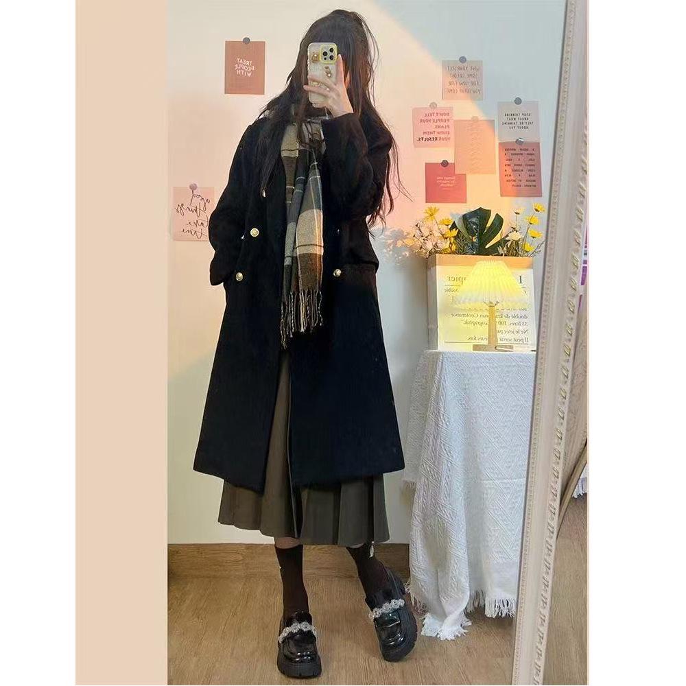 Women's Japanese Style Black Double-Breasted Woolen Coat - Mid-Length, Autumn/Winter 2025 Collection.