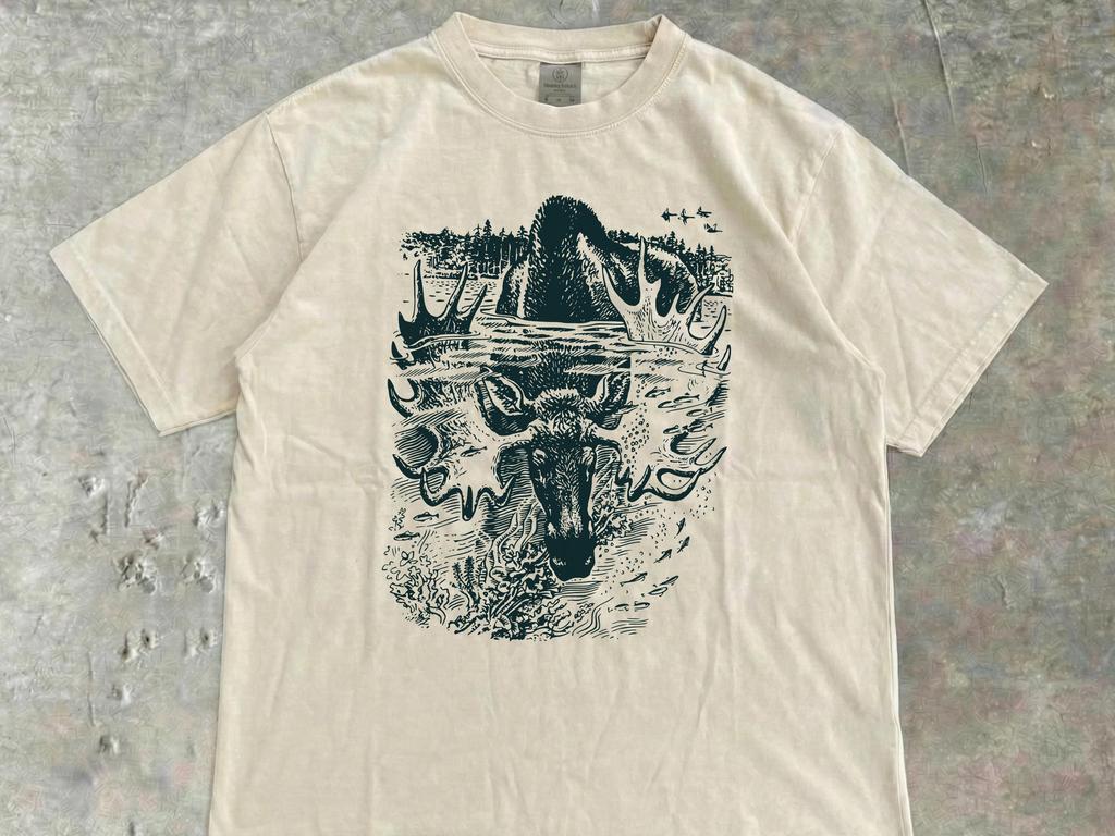 Linocut Moose Shirt, Vintage Woodland Animal Tee, Comfort Colors Wildlife Graphic, Forest Moose Nature Lover Gift